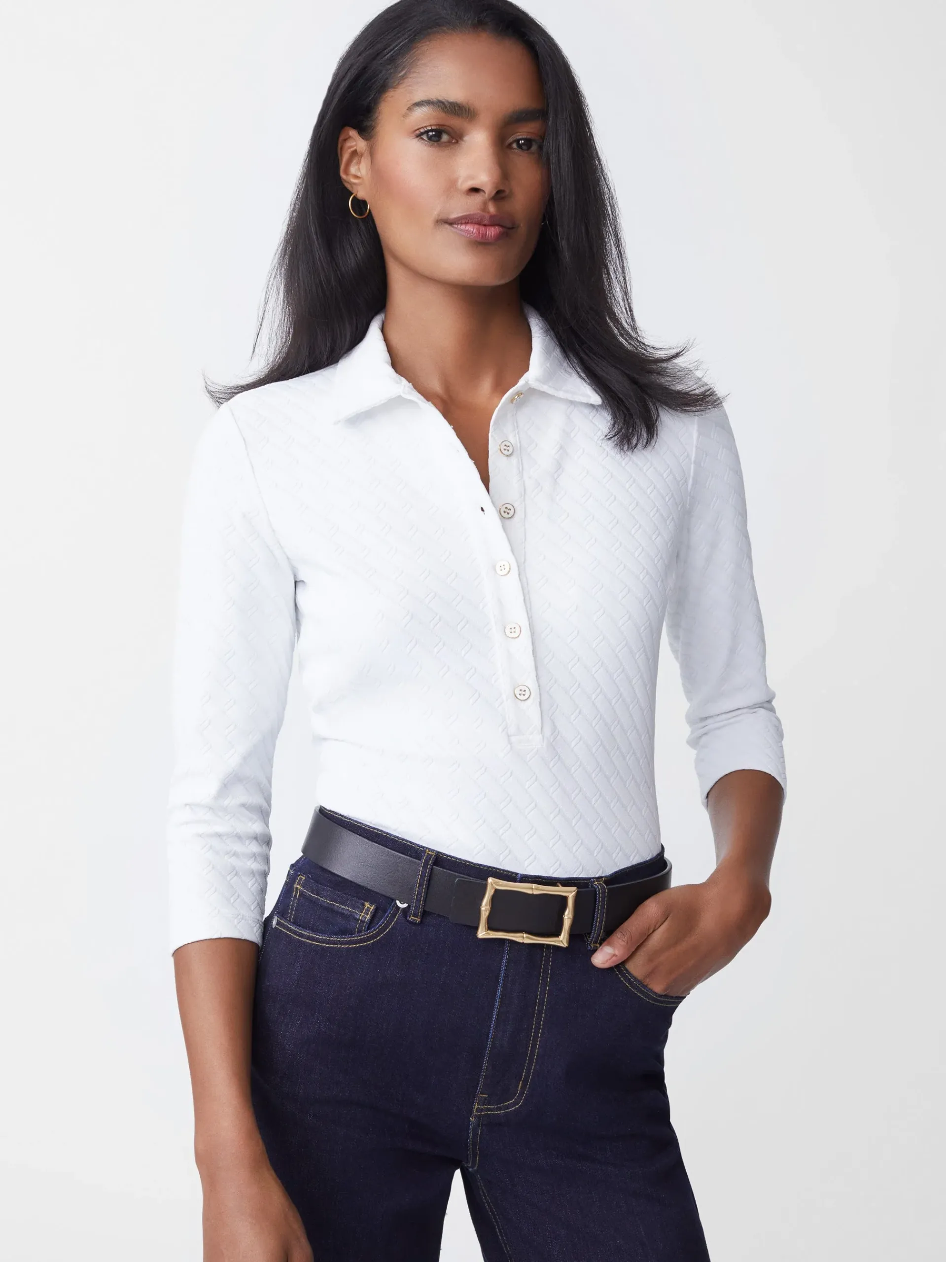 J.McLaughlin Court 3/4 Sleeve Polo In Fernwood Geo Jacquard-Women Tops