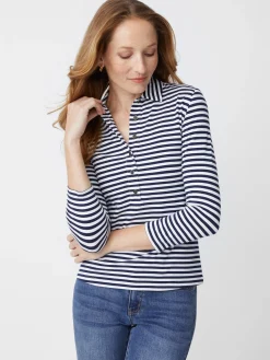 J.McLaughlin Court 3/4 Sleeve Polo In Stripe-Women Tops