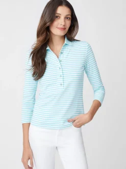 J.McLaughlin Court 3/4 Sleeve Polo In Stripe-Women Tops