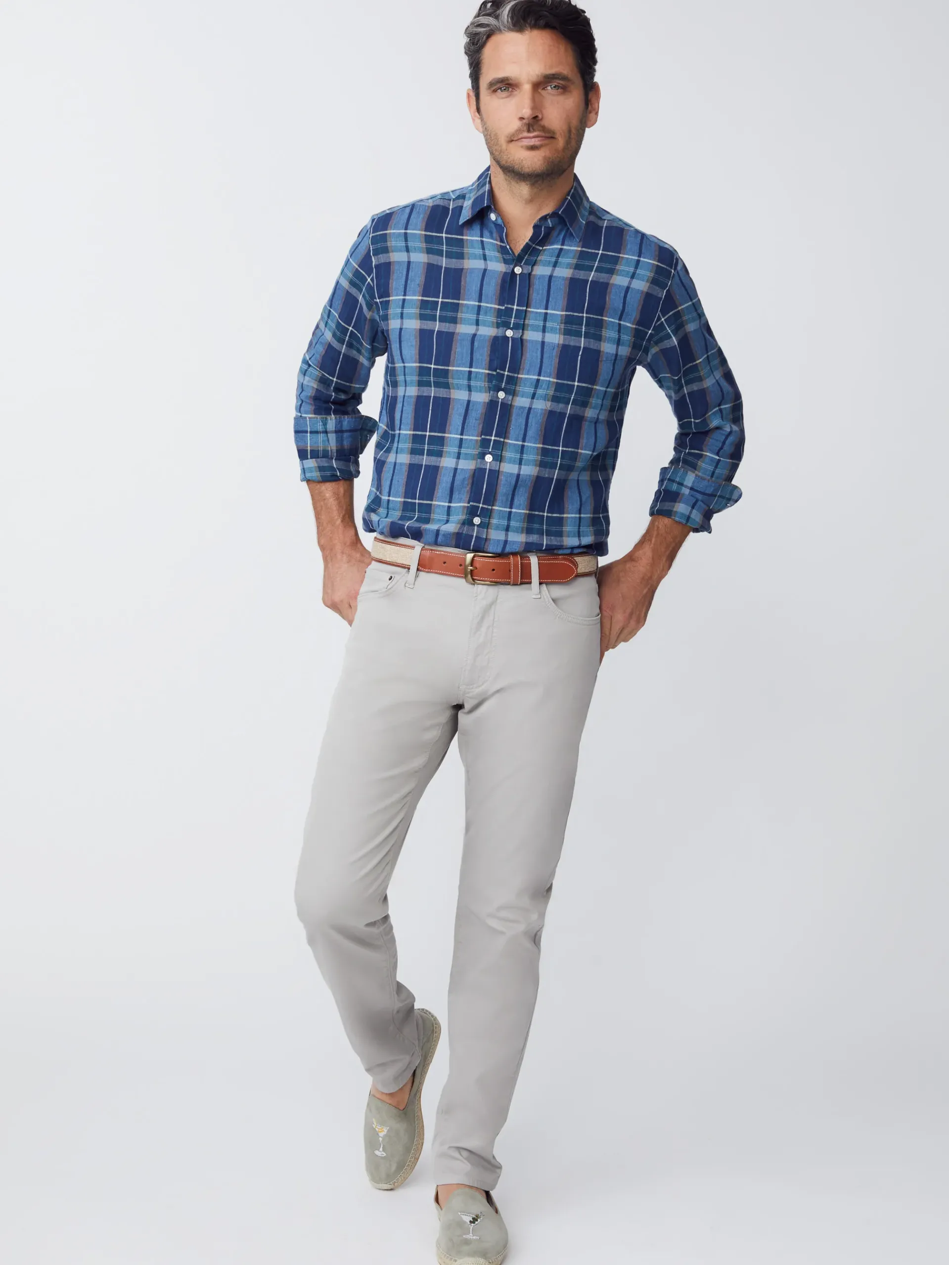 J.McLaughlin Gramercy Classic Fit Linen Shirt In Plaid- Shirts