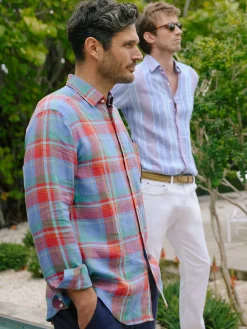 J.McLaughlin Gramercy Classic Fit Linen Shirt In Plaid- Shirts