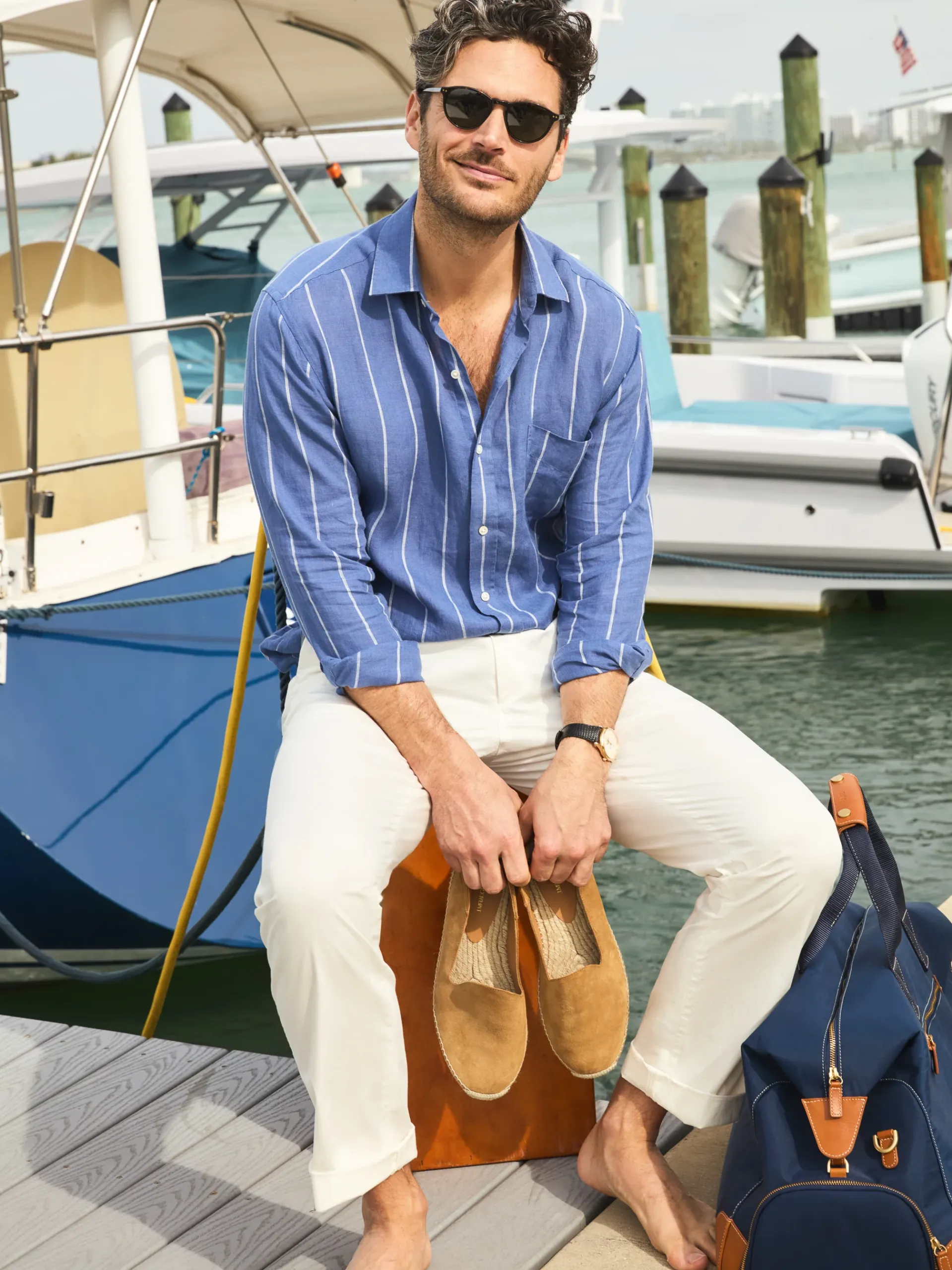 J.McLaughlin Gramercy Classic Fit Linen Shirt In Stripe- Shirts