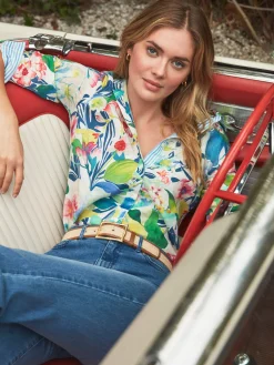 J.McLaughlin Lois Linen Shirt In Floral Reef Stripe-Women Tops