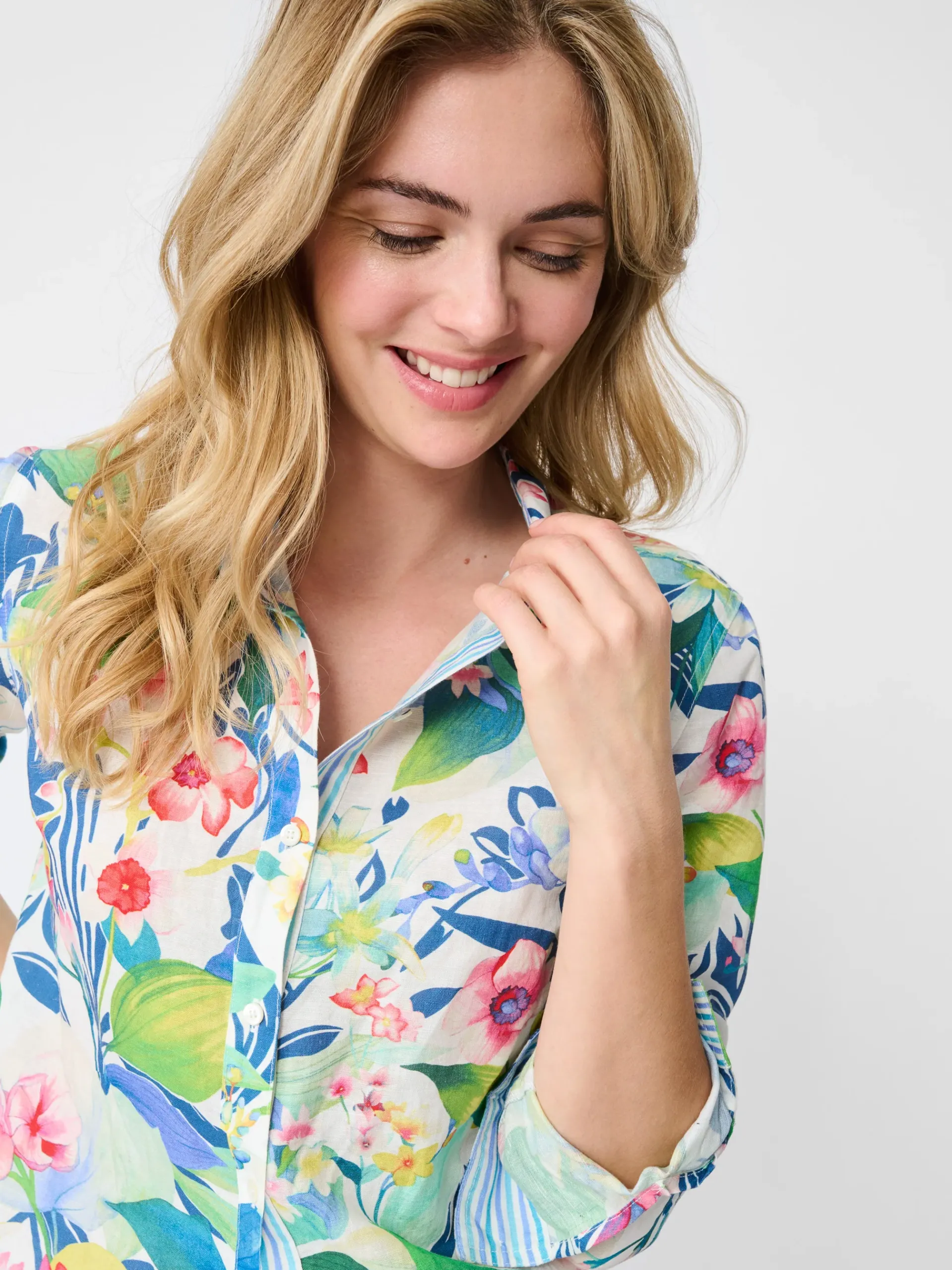 J.McLaughlin Lois Linen Shirt In Floral Reef Stripe-Women Tops