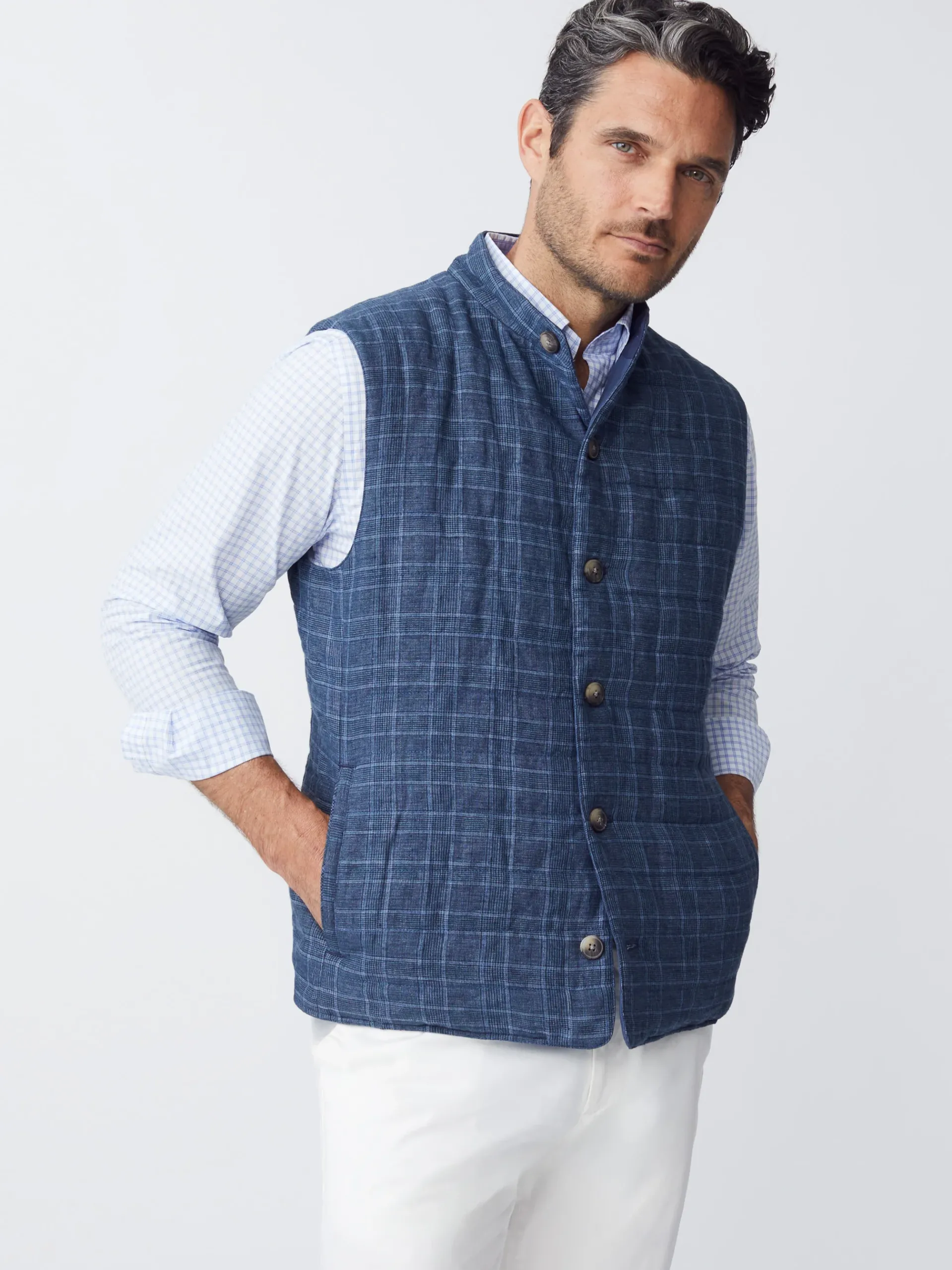 J.McLaughlin Orson Linen Vest In Glen Plaid- Jackets & Outerwear